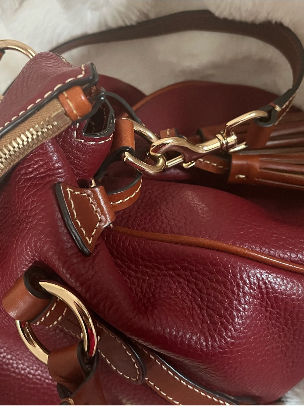 Dooney & Bourke Burgundy Pebble Leather Satchel with Cognac Trim - Picture 3 of 3